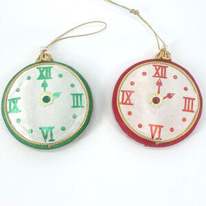 Vintage Frankel Clock Ornaments Red Green Felt 2-1/2 inches